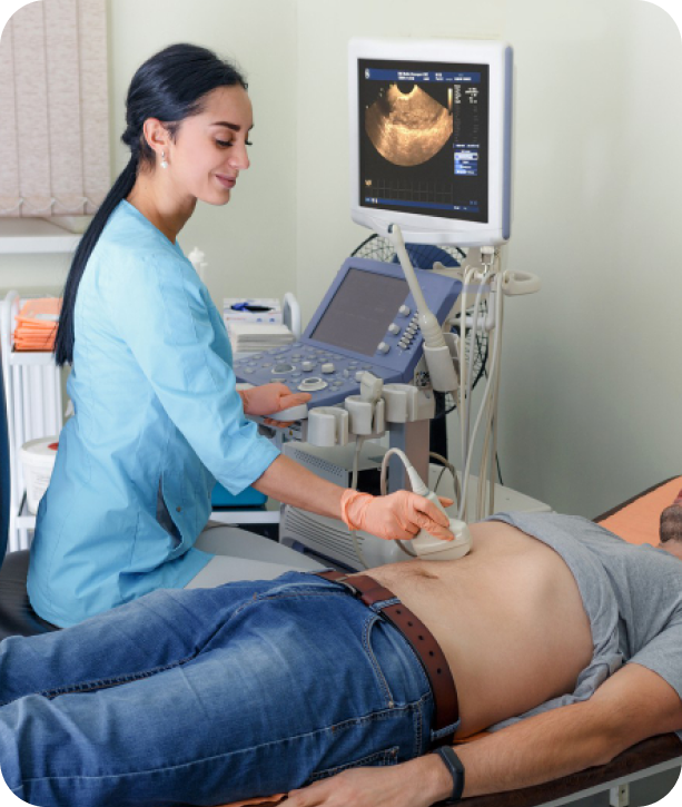 Abdominal ultrasound performed by mobile sonographer in clinical setting, supporting nursing facility workflows with HIPAA-compliant diagnostics. This alt text includes: