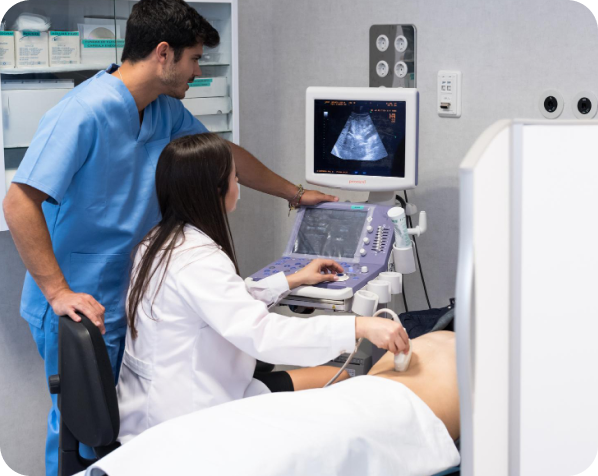 Mobile sonographers performing outpatient ultrasound scan with Soundwaves Imaging, expanding diagnostic capacity without new equipment.
