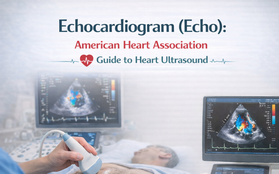Echocardiogram echo banner showing heart ultrasound procedure with cardiac imaging used to evaluate heart structure, valves, and blood flow