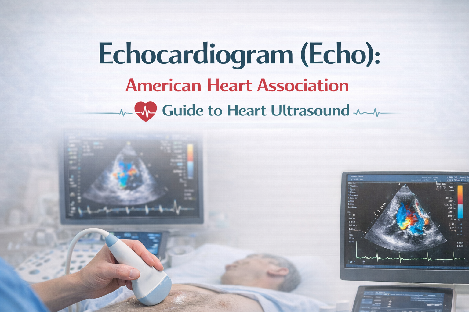 Echocardiogram echo banner showing heart ultrasound procedure with cardiac imaging used to evaluate heart structure, valves, and blood flow