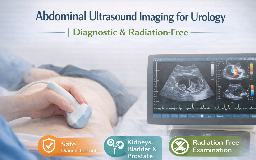 Abdominal ultrasound imaging for urology showing a diagnostic, radiation-free ultrasound exam used to evaluate kidneys, bladder, and prostate in a clinical setting