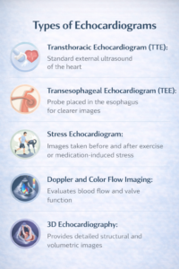 Echocardiogram types infographic illustrating TTE, TEE, stress echocardiogram, Doppler imaging, and 3D echocardiography for heart diagnosis